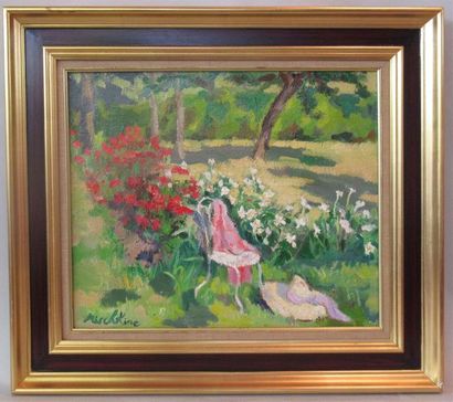 null Olga MISCHKINE (1910-1985) : "Le Jardin" Huile sur toile signée en bas à gauche...