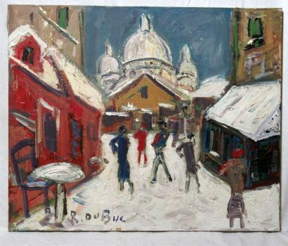 null ROLAND DUBUC (1924-1998) "Montmartre sous la neige" Huile sur toile signée en...