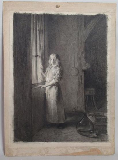 null Joseph BAIL (1862-1921) "Jeune femme à la fenêtre" Crayon noir rehaussé de craie...