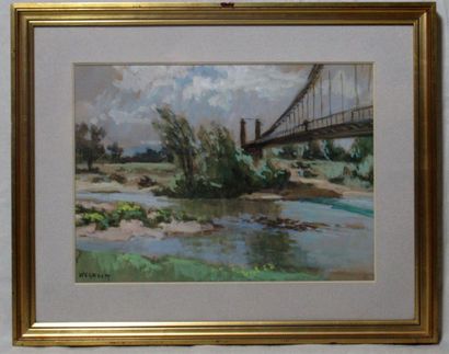 null EMILE WÉGELIN (1875-1962) "Vue d'un pont à Brioude" Gouache signée en bas à...