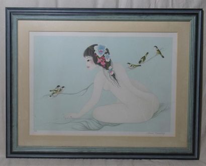 null Mara TRANLONG (née en 1935) "Jeune femme aux oiseaux" Lithographie en couleur...