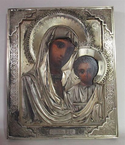 null Icone en bois à décor de visages peints "La Vierge de Kazan" - Russie (légers...