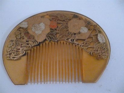 null Rare peigne de chevelure (KUSHI) de jeune femme décoré en laque or rouge blanc...