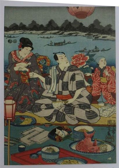 null KUNIYOSHI UTAGAWA (1797-1861) Estampe Oban Tate "Samouraï prenant un repas,...