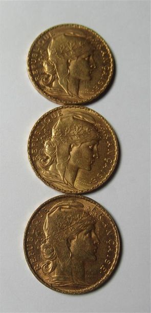 null Trois pièces de 20 Francs or au Coq 1906 (x2) et 1905 
