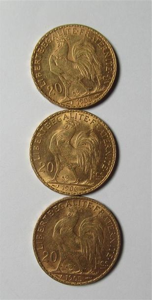 null Trois pièces de 20 Francs or au Coq 1906 (x2) et 1905 