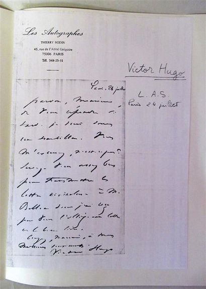 null Lettre autographe de Victor HUGO (encadrée, manque le coin supérieur gauche)...