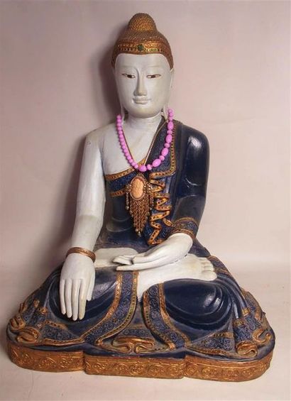 null "Bouddha" Important sujet en bois noirci et doré Extrême-Orient, XXe siècle...