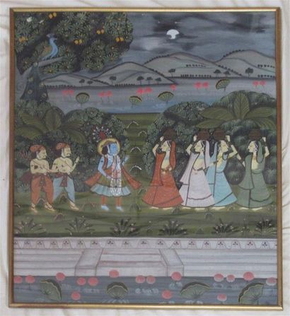 null Pichwai ou toile peinte religieuse "Vue de Krishna avec les Gopis". Peinture...