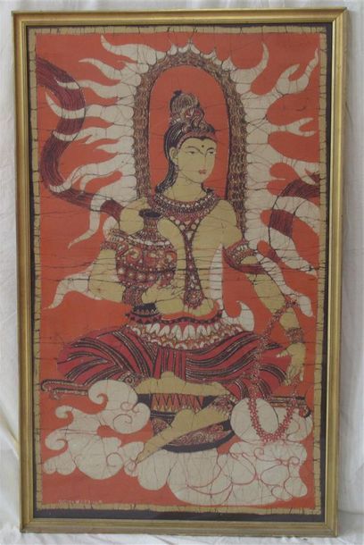 null P. NADO "Dieu bouddhiste" Peinture sur soie signée en bas à droite - Inde, XXe...