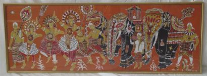 null P. NADO "Cortège indien avec éléphant" Peinture sur soie signée en bas à droite...
