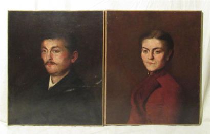 null J. MOREL (XIXe) "Portrait d'homme et de femme" Deux huiles sur toile dont l'une...