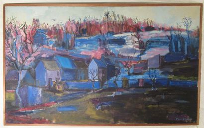 null Pierre BAUDARD (XXe siècle) "Le village bleu". Huile sur toile signée en bas...