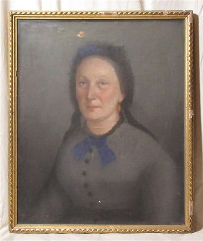 null Ecole française du XIXe siècle "Portrait de femme au noeud bleu" Pastel sur...