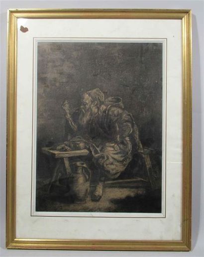 null Isidore PILS (1813 - 1875) "Personnage barbu mangeant". Pastel crayon sur papier...