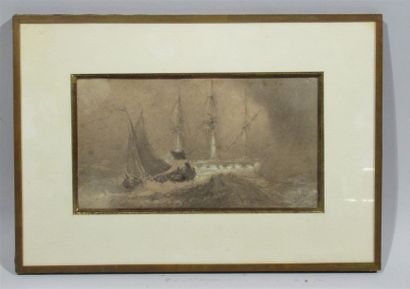 null Ecole bretonne de la fin du XIXe siècle "La Tempête en pleine mer" Dessin à...