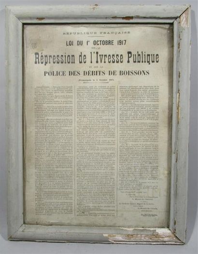 null Pièce encadrée : "République Française loi du 1er octobre 1917 sur la répression...