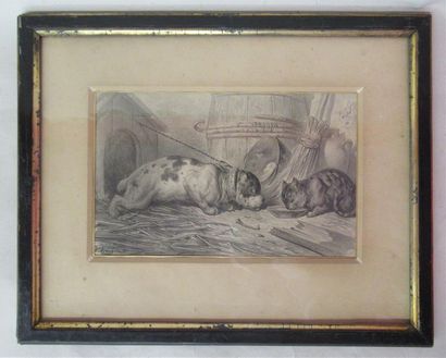 null Gustave DORE (d'après) "Chien et chat" Gravure en noir et blanc signé dans la...