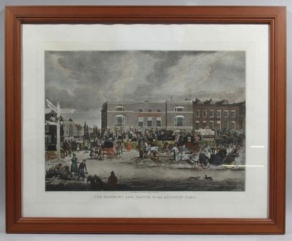 null Gravure anglaise rehaussée "The Elephant and Castle on the Brighton Road (encadrée)...