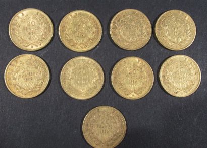 null Ensemble de 9 pièces de 20 Francs or Napoléon III tête nue (1852 x2, 1854, 1855,...