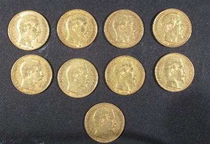 null Ensemble de 9 pièces de 20 Francs or Napoléon III tête nue (1852 x2, 1854, 1855,...