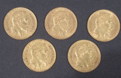 null Ensemble de 5 pièces de 20 Francs or Napoléon III tête laurée (1862, 1863, 1866,...