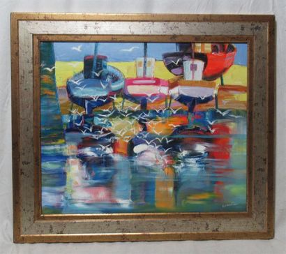 null Eric BEVILACQUA (né en 1957) "Les Mouettes au Port" Huile sur toile signée en...
