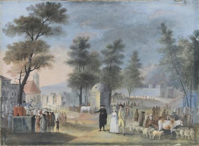 null Ecole française du XVIIIe siècle "Scènes de village" Suite de deux pastels marouflés...
