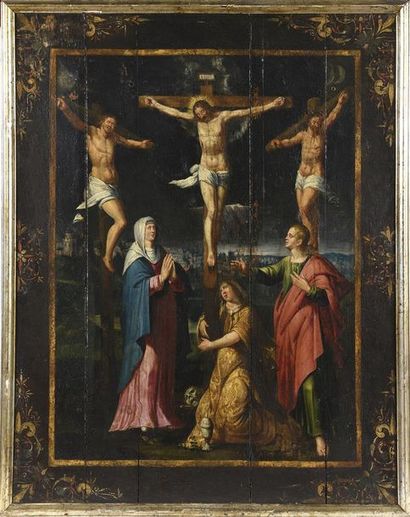 null École FLAMANDE du milieu du XVIIe siècle "Crucifixion" Huile sur panneau, cinq...