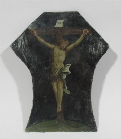 null Ecole du XVIIIe siècle - "Crucifixion" Fixé sous verre (légers manques) 