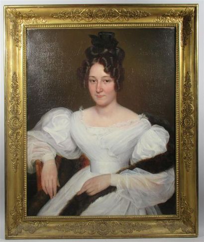 null René CADEAU (1782-1858) "Portrait de femme à la robe de mousseline blanche"...