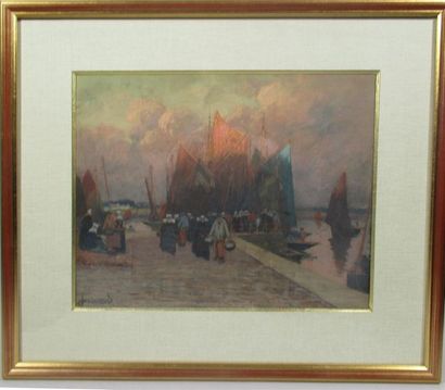 null Mathurin JANSSAUD (1857-1940) "Le retour de pêche en Finistère" Pastel sur papier...