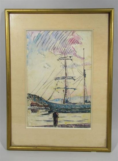 null Henri PERSON (1876-1926) "Bateau au port" Aquarelle et dessin au crayon sur...