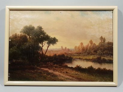 null Emile GODCHAUX (1860-1938) "Bord de rivière à la paysanne" Huile sur toile signée...