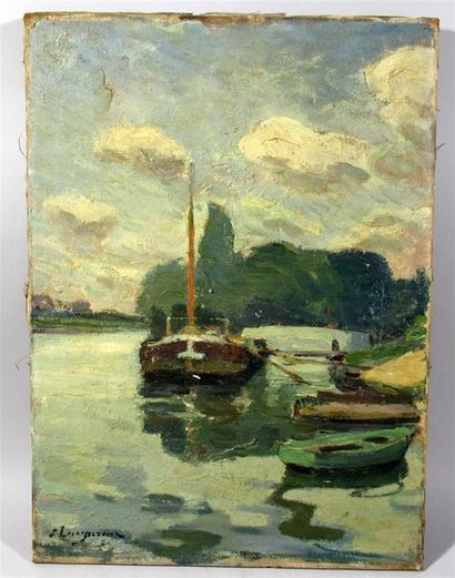 null Edmond LEMPEREUR (1876-1909) "Péniche au bord de l'eau" Huile sur toile signée...