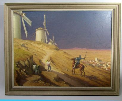 null Pierre LADUREAU (1882-1975) "Don Quichotte au milieu des moulins" Huile sur...