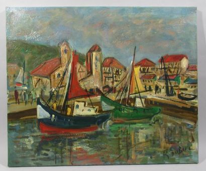 null Roland DUBUC (1924-1998) "Le Grand Bassin à Honfleur" Huile sur toile signée...