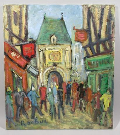null Roland DUBUC (1924-1998) "Rue du Gros Horloge à Rouen" Huile sur toile signée...