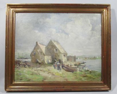 null Irène BURNSIDE (née en 1923) : "The old wharp (East Gloucester" Huile sur Isorel...