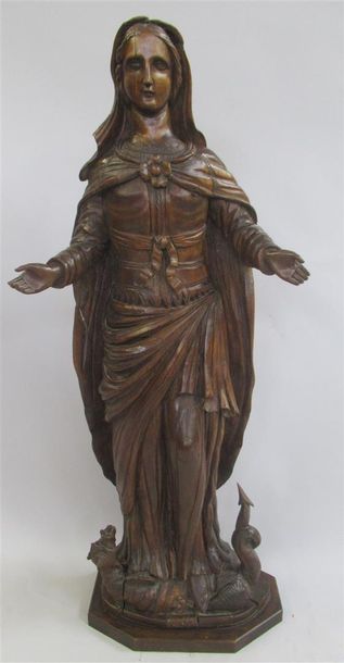 null "Vierge terrassant le dragon" Sculpture en chêne sculpté - XVIIe/XVIIIe siècle...