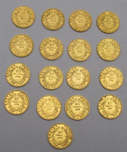 null 17 pièces de 20 Francs or Napoléon III tête nue (diverses années) Non présentées...