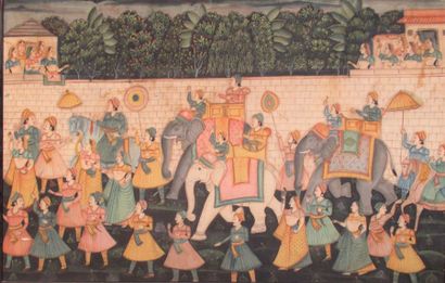 null Ecole indienne de la fin du XIXe siècle "Scène de cortège en éléphants" Peinture...