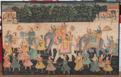 null Ecole indienne de la fin du XIXe siècle "Scène de cortège en éléphants" Peinture...