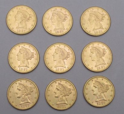 null 9 pièces de 5 dollars en or Liberty 1887 Non présentées aux expositions et vendues...