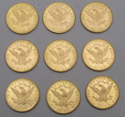 null 9 pièces de 5 dollars en or Liberty 1887 (x6), 1907 (x2), 1881 (x1) Non présentées...