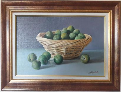 null Henri IZQUIERDO (né en 1926) "Panier aux prunes" Huile sur toile signée en bas...