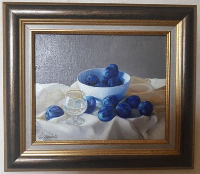 null Henri IZQUIERDO (né en 1926) "Le verre de prunelle" Huile sur toile signée en...