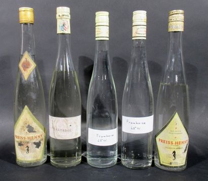 null PREISS-HENNY et MASSENEZ - Suite de cinq bouteilles d'eau de vie de framboise...