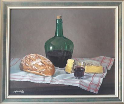 null Henri IZQUIERDO (né en 1926) "Pain, vin et fromage" Huile sur toile signée en...
