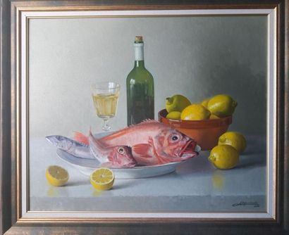 null Henri IZQUIERDO (né en 1926) "Nature morte aux poissons" Huile sur toile signée...